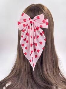 1pc Women's Elegant Heart Print Oversized Bow Long Ribbons Hair Clip, Sweet Design Perfect Accessory Claw Clips Hair Slide Hair Barrettes - Multicolor - View 3