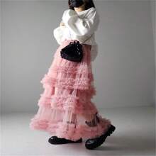 Women's Tulle A-Line Long Skirt High Waist Sheer Mesh Tiered Ruffled Skirt For Summer, Spring - Dusty Pink - View 6