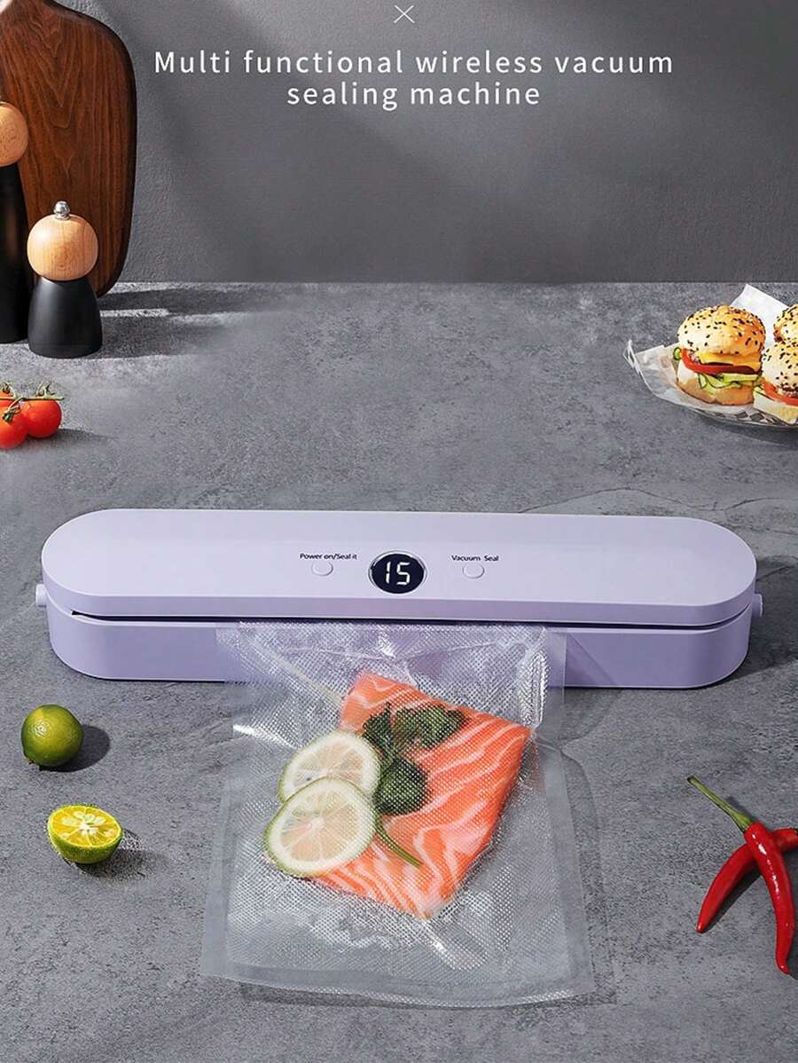 1 pieza Selladora al vacío recargable sin cable, para almacenamiento de alimentos secos/húmedos para extender la frescura, incluye 10 piezas de bolsas de sellado al vacío