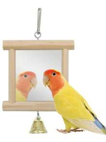 1pc Parrot Biting Wooden Color Bell Decor Mirror Toy - Multicolor - View 2