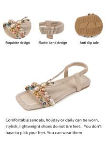 WRCVS Sandalias de mujer en beige, sandalias de diseño plano tejido, sandalias de verano ligeras antideslizantes con diseño bohemio de cuentas al azar para uso en exteriores