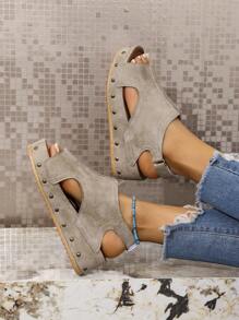 Sandalias de mujer para verano de nuevo diseño, con unicolor, remaches huecos, suela gruesa con cierre de gancho y bucle, diseño versátil y cómodo para uso casual