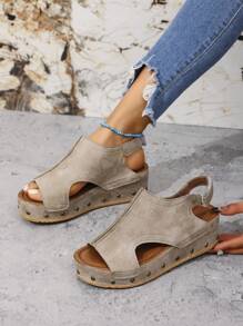 Sandalias de mujer para verano de nuevo diseño, con unicolor, remaches huecos, suela gruesa con cierre de gancho y bucle, diseño versátil y cómodo para uso casual