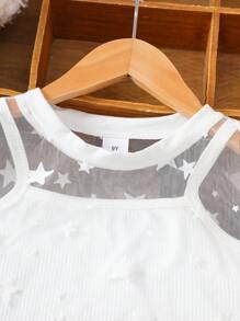 3pcs/Set Fashion Casual Outfit For Girls Aged 8-12, Including Star Pattern Mesh Jacket, Camisole Vest, And Pleated Skirt