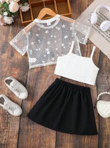 3pcs/Set Fashion Casual Outfit For Girls Aged 8-12, Including Star Pattern Mesh Jacket, Camisole Vest, And Pleated Skirt