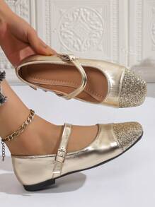 女士新款透气方头休闲玛丽珍芭蕾平底鞋，四季舒适 - 淺金色 - 查看 7