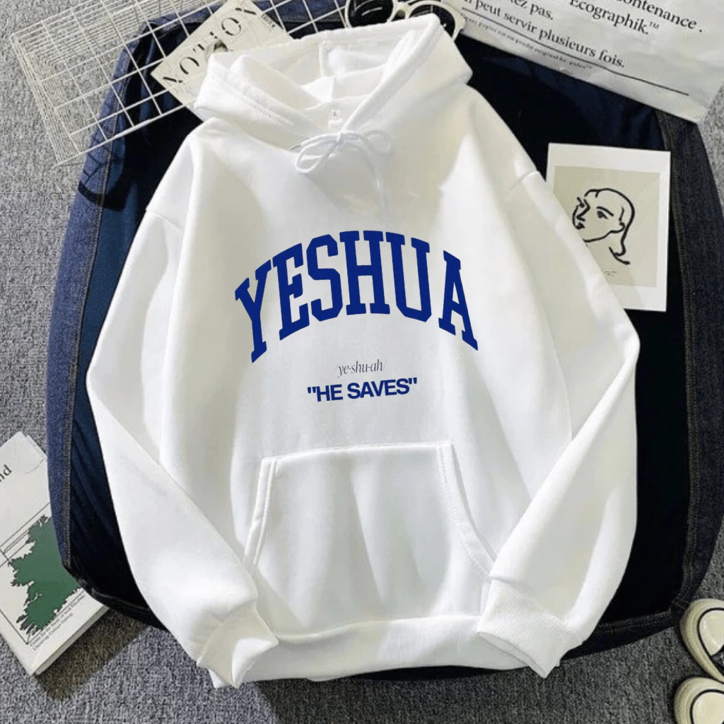 Cold Weather Sweatshirt Kangaroo Yeshua Jesus Gospel Premium Cotton With Collar - 白色 - 查看 1