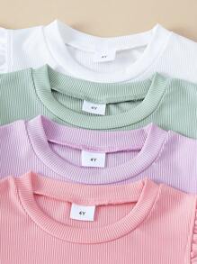 4pcs Young Girl Casual Ribbed Solid Color Knit Material Short Sleeve T-Shirts, Summer - Multicolor - View 5