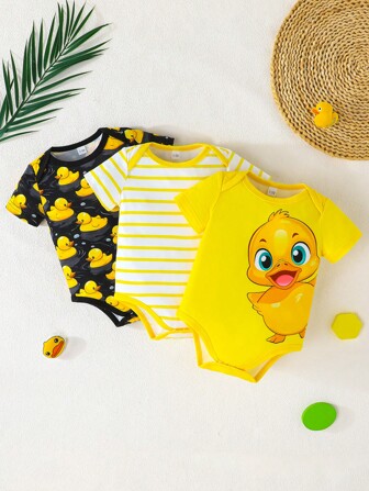 3 sztuki/zestaw body niemowlęce z nadrukiem słodkiej kaczuszki, wygodne, łatwe w noszeniu, letnie zestawy ubrań z krótkim rękawem