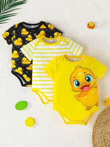 Set de 3 prendas de vestir de verano para bebé niño, con diseño de patitos: monos casuales cómodos y de fácil uso de manga corta
