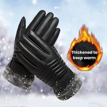 1pc Men's Winter Warm Motorcycle Riding Gloves, Cold-Proof Leather Gloves With Thermal Lining, Outdoor Waterproof Touchscreen Gloves - Black - View 1