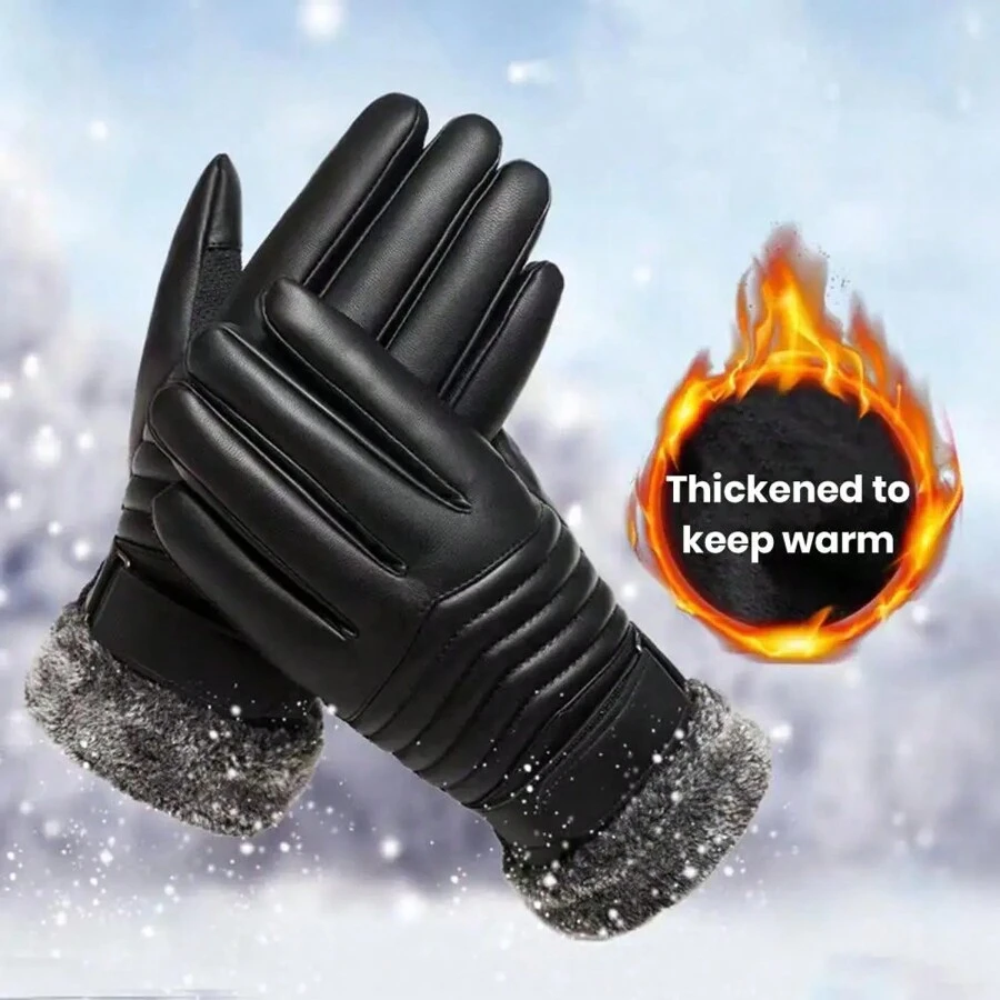 1pc Men's Winter Warm Motorcycle Riding Gloves, Cold-Proof Leather Gloves With Thermal Lining, Outdoor Waterproof Touchscreen Gloves - Black - View 1