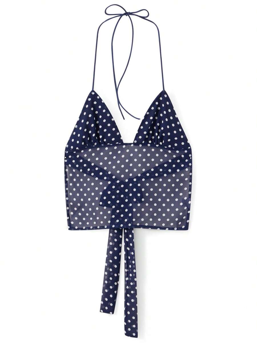 2pcs Women's Halter Neck Tops Sleeveless Tie Backless Dots Print Slim Fit Cami Tops Summer Shirts - 藍色 - 查看 1