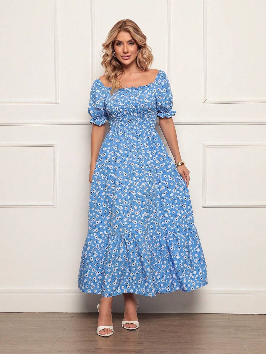 Long Dress With Puffed Sleeves Elastex Print - Dark Wash - View 1