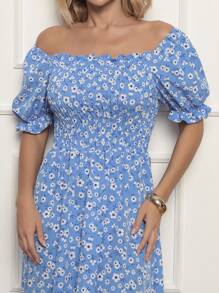 Long Dress With Puffed Sleeves Elastex Print - Dark Wash - View 4