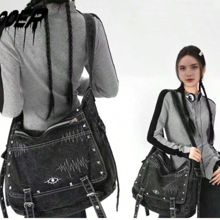 DareSee Y2K Vintage Denim Crossbody Black Bag, Hipster Goth Style, Large Capacity Shoulder Bag For Daily Casual, Work And School Use, Fits Laptop And Books, Bohemia Style Bag For Women MusicFest Y2KFest Back To School Autumn , Bags Perfect For Fancy Party Matching With Costumes Winter Gifts - Black - View 9