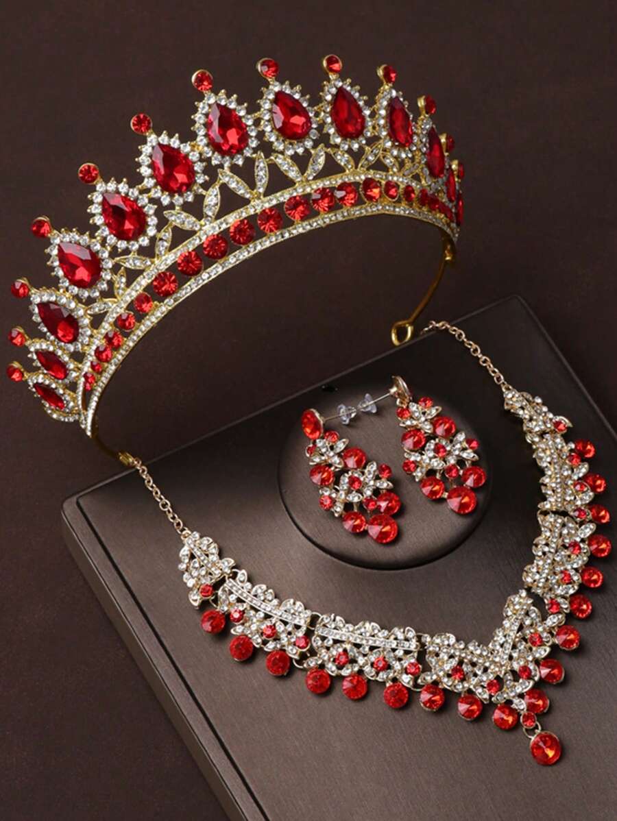 4pcs Fashionable Bridal Crown, Necklace, And Earrings Set, Zinc Alloy Tiara, Rhinestone Wedding Jewelry Set For Brides - Elegant Wedding Accessory Kit