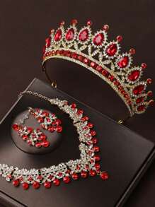 4pcs Fashionable Bridal Crown, Necklace, And Earrings Set, Zinc Alloy Tiara, Rhinestone Wedding Jewelry Set For Brides - Elegant Wedding Accessory Kit