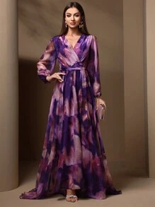 Vestido elegante de manga larga con escote en V y cruzado en el verano (estampado aleatorio) para damas