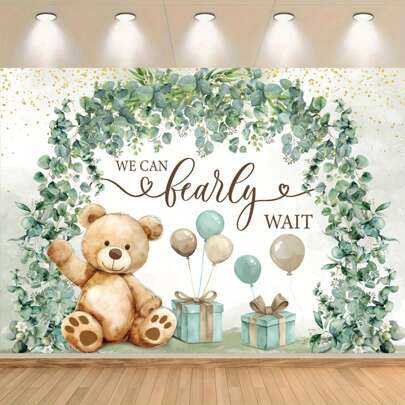 1PC Bear Shower Green Eucalyptus Leaves Arch Cute Cartoon Balloon Gold Circle Backdrop Cloth, Suitable For Bedroom, Living Room, Home Decoration, Wall Art, Wall Decoration Shower Backdrop Telephone Booth, Photography Backdrop Home Decoration, Party Decoration, Photography Studio Decoration Backdrop Cloth.