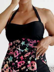 Skull Print Twist Front Halter Back Tie Ruched Tankini Swimwear 2 Pieces Summer - Black - View 4