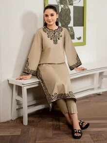 女士休闲度假植物印花侧开衩长款 Kurta 上衣