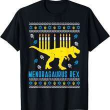 Menorasaurus Rex Trex Menorah Ugly Chanukkah Gift T-Shirt - Black - View 1