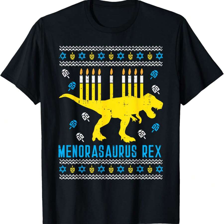 Menorasaurus Rex Trex Menorah Ugly Chanukkah Gift T-Shirt - Black - View 1