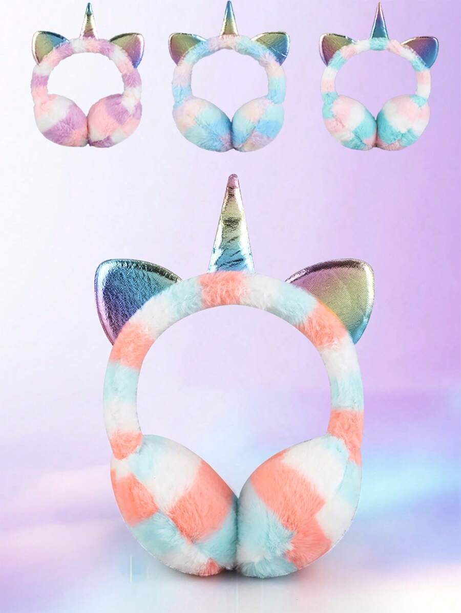 Kids Winter Plush Earmuffs Cartoon Rainbow Ear Warmers Fluffy Cute Cat