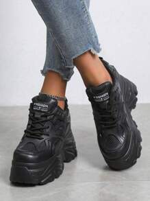 Zapatos deportivos casuales para mujer, estilo chunky,zapatillas de deporte con tacón de cuña y suela gruesa, Perfectos para aire exterior, actividades deportivasIdeales para aumentar la altura y entrenamiento de carrera, Zapatos deportivos casuales para mujer al aire libre, livianos, transpirables, antideslizantes, chunky de moda Zapatos para aumentar la altura y entrenamiento de carrera - Negro - Ver 5