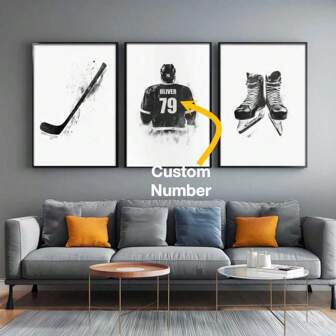 Set de 3 carteles personalizados sin marco en lienzo - Impresiones de arte de pared de hockey sobre hielo personalizadas en 3 piezas, pósteres personalizados del jersey de hockey sobre hielo, decoración deportiva en blanco y negro para la habitación, regalo ideal para hombre de la NHL - Ideal para decorar paredes, dormitorio, sala de estar, pasillo, decoración del hogar
