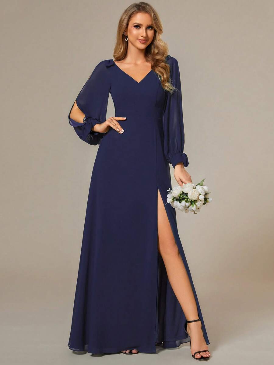 Spring Split Sleeve Split Thigh Chiffon Navy Blue Bridesmaid Dress For Wedding