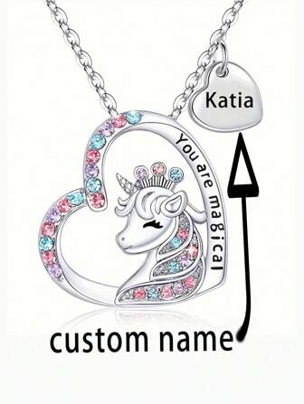 Anpassat Enhörningshalsband för barn med namn och kärlek, personlig present till barnsmycken