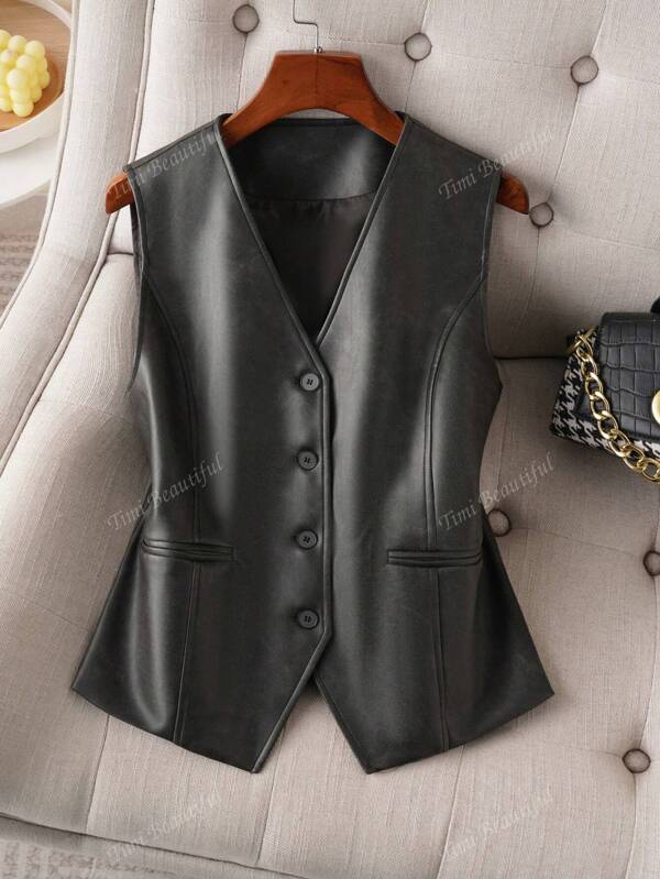 Women V-Neck Sleeveless Vest With Button Detailing - Stylish & Versatile, Illusion Pockets, Premium Fabric - A Chic Addition To Your Closet
