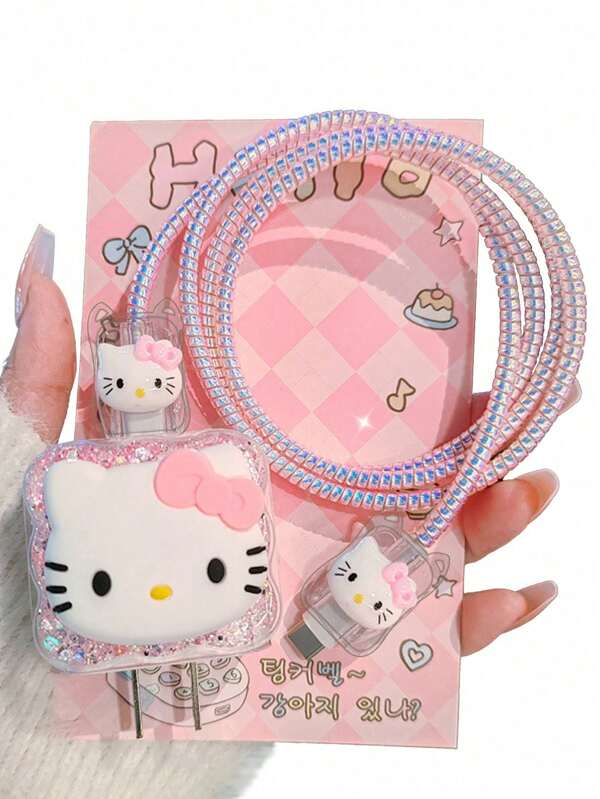 Sanrio 1Pc Cute Hello Kittys ABS Plastic DIY Charger Protective Case Kawaii Kitty Cat USB Data Cable Protective Case For Mobile Phone 18w/20w Fast Charging Cable Charger Head Cover(Charger Is Not Included)