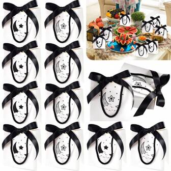 10/20 Stück Geschenktüten mit Schleife, Stern- und Mond-Muster, Papiertüten mit Griff, schwarz-weiß, Partybevorzugungen für Geburtstag, Feiertage, Geschenkverpackung, arabische Feste, islamische Feste