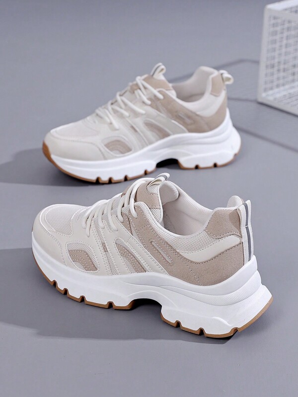 Fashionable, Elegant And Comfortable Thick Sole Casual College Style Chunky Sneakers, Comfortable Casual Wear Breathable Low Top Running Shoes Women's White Powder