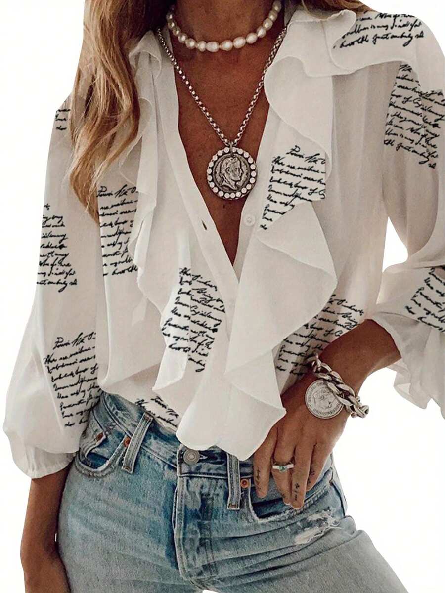 Women Button-Down Ruffle Shirt, Adults Solid Color/Letter/Butterfly/Plant Print V-Neck Long Sleeve Blouse - Beis - Ver 1