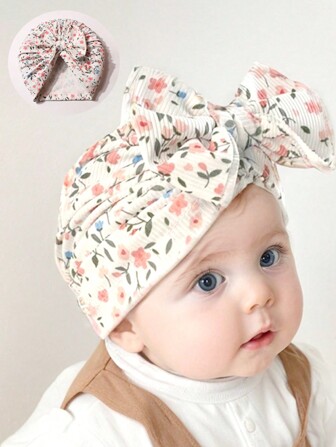 1 件罗纹蝴蝶结印花婴儿帽，舒适有弹性，适合日常佩戴，适合 2-6 岁儿童