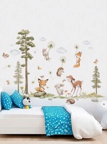 Cartoon Fox, Hedgehog, Pine Tree Wall Decals, Decorative Wall Stickers For Kids Room, Nursery, PVC Removable Wall Arts, Posters, Animals