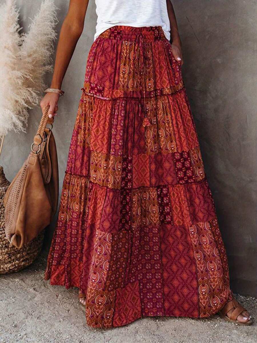 Women's Boho Maxi Skirts Vintage Floral Elastic High Waist A-Line Flowy Skirts Tiered Long Swing Skirts With Pockets Casual Bohemian Clothes For Summer Holiday Beach Vacation Outfit - 紅色 - 查看 1