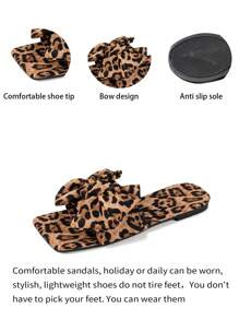 WRCVS Sandalias planas de verano con estampado de leopardo, zapatillas sensuales para fiestas con decoración de lazo, estilo bohemio para vacaciones en la playa
