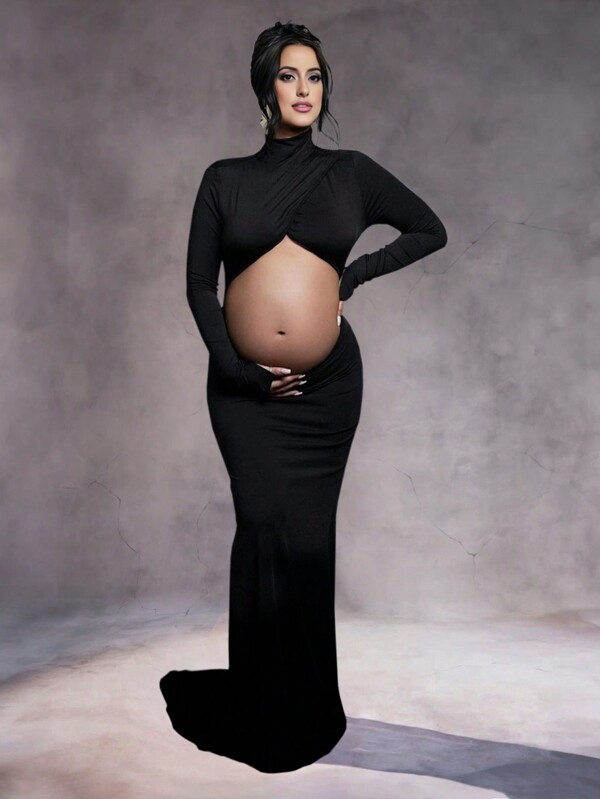 Maternity Crossover Mock Neck Photoshoot Dress Slit Long Sleeves Cutout Mermaid Maxi Gown For Baby Shower