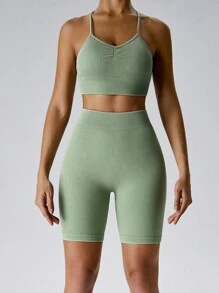 Set de 2 piezas con top tipo camiseta de mujer con correas ajustables y efecto mate, conjunto de ropa deportiva de yoga de cintura alta