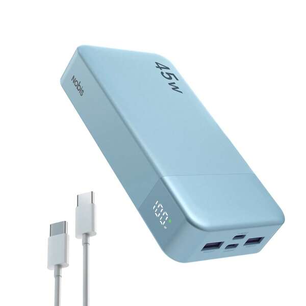 Caricabatterie portatile NOBIS, Power Bank da 20000 mAh, Power Bank da 45 W con ricarica rapida, batteria con cavo C-C, batteria esterna con display digitale per telefono, Android, laptop, ecc. (Blu)