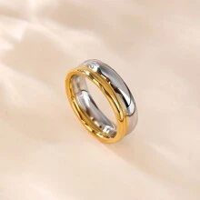 1 件女士时尚首饰 - 不锈钢戒指，金色双色戒指，日常佩戴 - 金黃色 - 查看 6