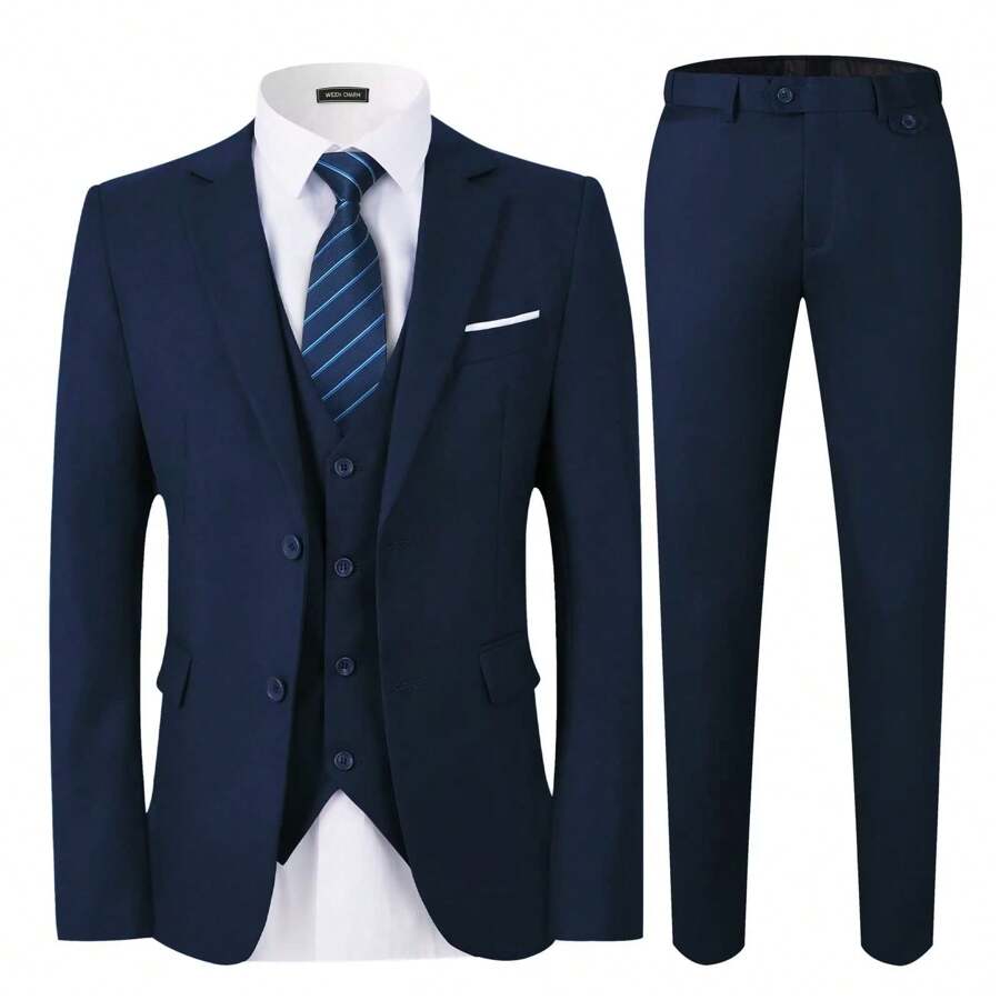 WEEN CHARM Men's Suits Slim Fit,3 Piece Suit For Men,2 Button Blazer Jacket Vest Pants With Tie,Men Tuxedo Suit Set - Màu xanh hải quân - Xem 1