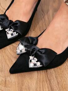 Cute Satin Bow Party Shoes, Women's Black Velvet Pointed Toe High Heel Shoes With Ankle Strap