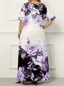 Plus Size Floral Print Dress, Elegant Short Sleeve Round Neck Pocket Dress, Suitable For Spring/Summer, Women Plus Size Clothing