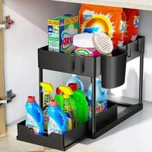 Organizador deslizante de 2 niveles con canastas, bastidor de almacenamiento con ganchos para colgar tazas, organizador de baño y cocina debajo del fregadero